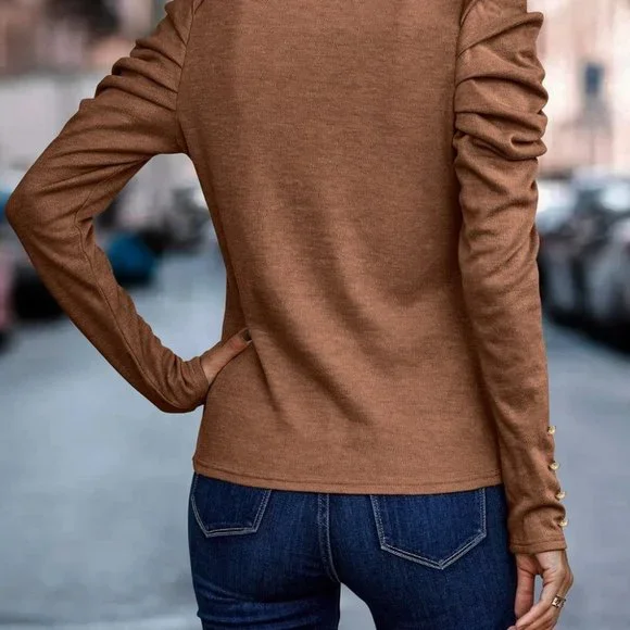 Puff Sleeve Button Detail Top Brown - Picture 2 of 5